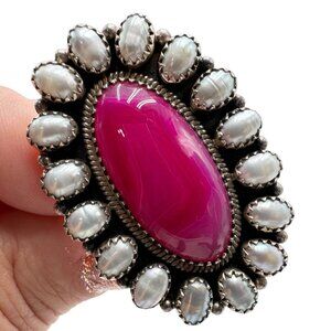Big Bright Pink Agate Pearl Sterling Silver Statement Ring Size Adjustable